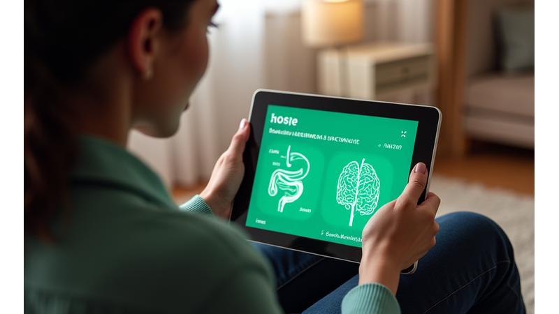 Eine Person, die einen interaktiven Fragebogen auf einem Tablet ausfüllt, mit Darm-Illustrationen im Hintergrund