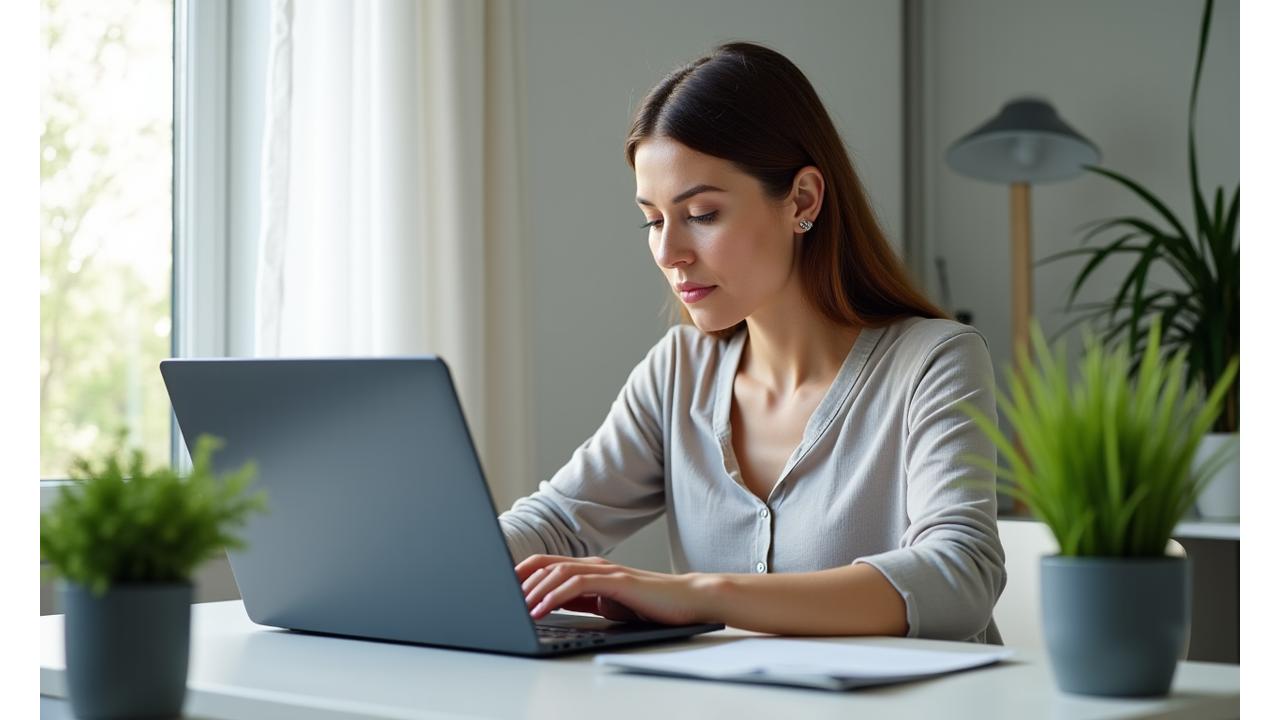 Eine junge Frau, die fokussiert und ruhig an einem Laptop arbeitet, umgeben von Pflanzen, symbolisiert bewusste und konzentrierte Technologieanwendung, ohne Ablenkungen.