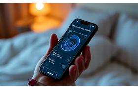 Eine Person, die ein Fitness-Armband trägt und ihre Schlafdaten auf einem Smartphone betrachtet, zeigt Technologie und Gesundheit.