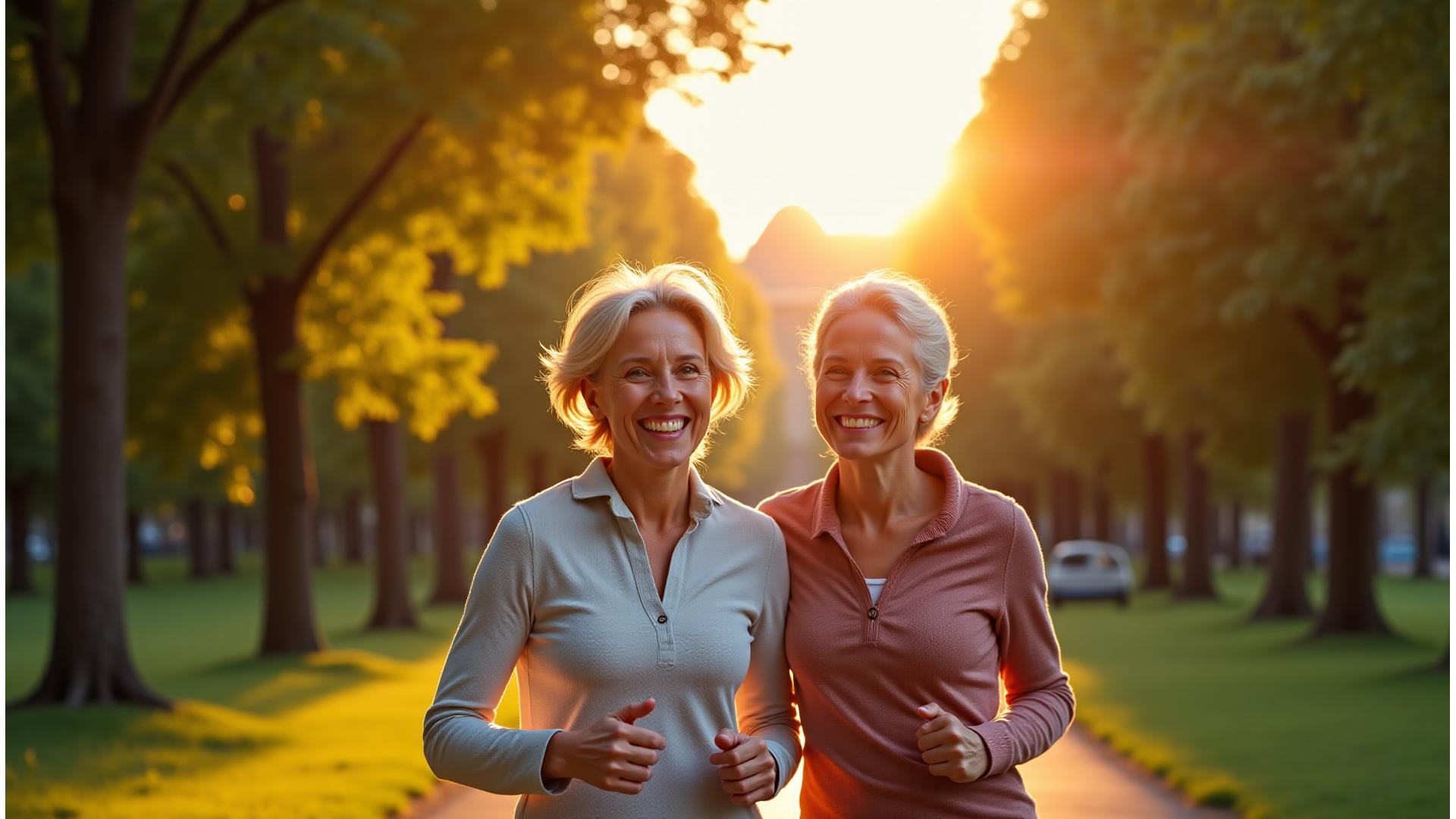 Glückliches, vitales Paar über 35 joggt im Berliner Tiergarten bei Sonnenschein, strahlt Energie aus.